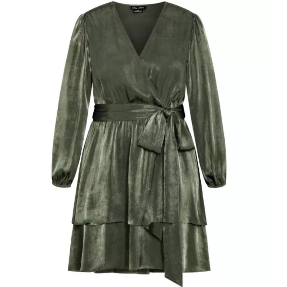 NWT City Chic Military Faux Wrap Ruffle Satin Mini Dress 18